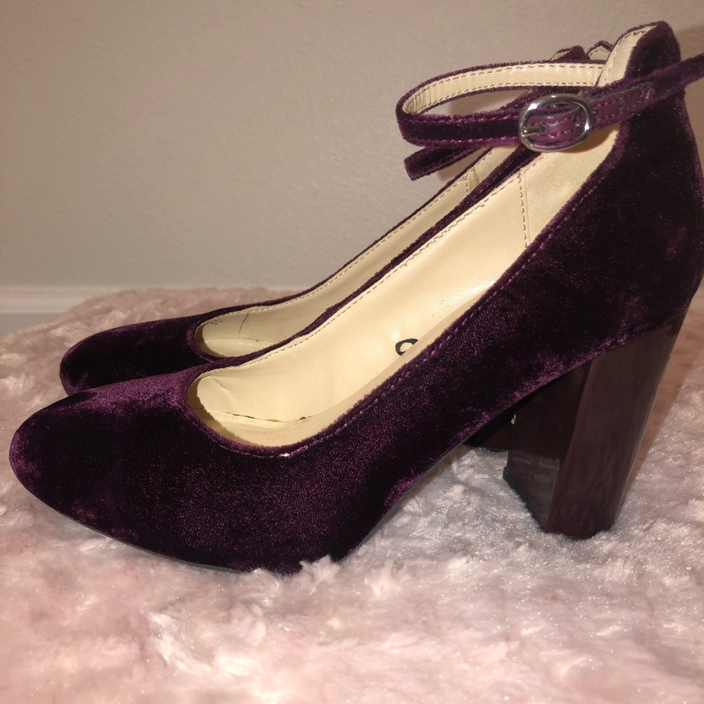 Marc Fisher Purple Velvet Ankle Strap Chunky Heels